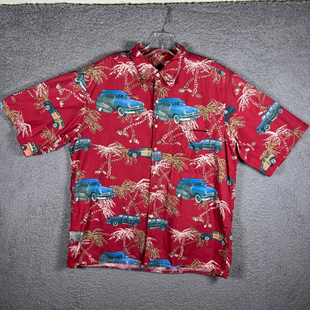 Reyn Spooner Mens Large Red Woodie Car Palm Tree Hawaiian Aloha Cotton Shirt L